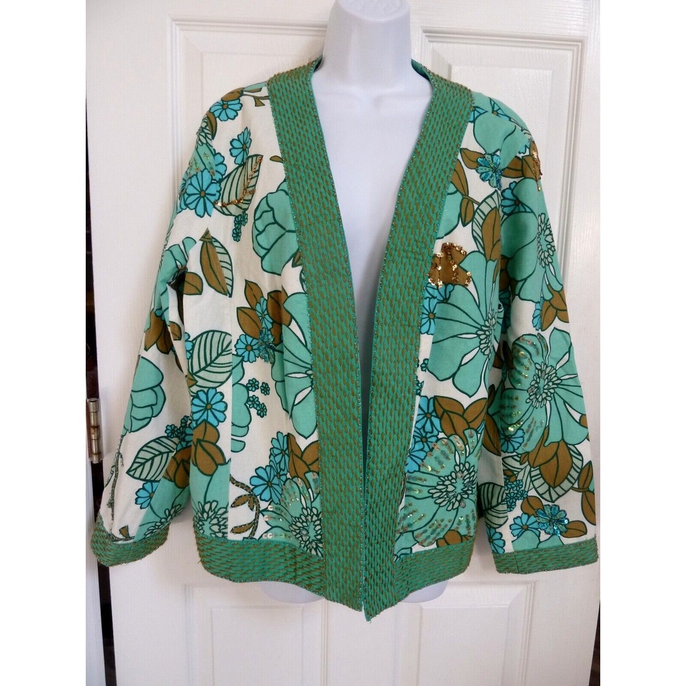 **NEW! SILKLAND Sz 1X LINEN Blend Open Front Jacket Blazer Beaded Easter Lined**